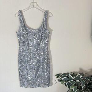 Ralph Lauren Evening Dress Womens Plus Size 14 Silver Sequins Lace Overlay Lined